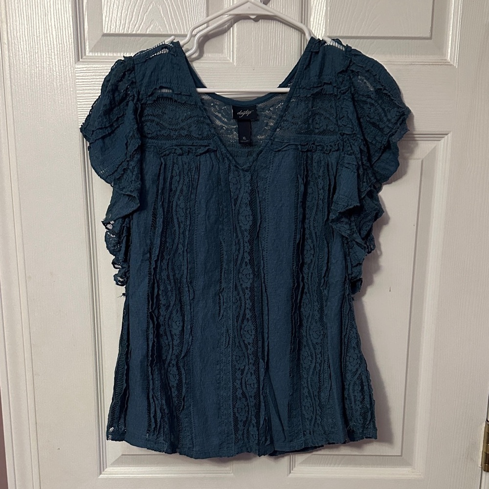 Daytrip Teal Lace Ruffle Sleeve Blouse